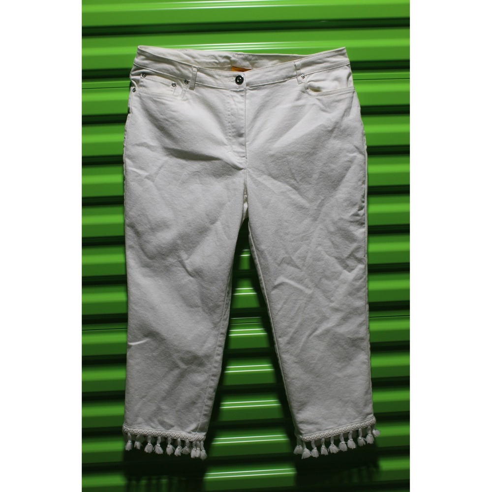 Ruby Rd White Denim Capri Pants Tassel Fringe Hem Size 10 Style 30104